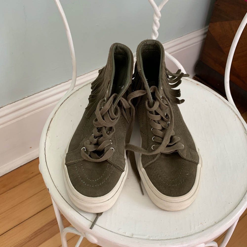 Olive green high top fringe vans. Size 6.5